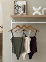 Square neck bodysuit with gold button detail