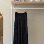 Tiered crinkle satin maxi black skirt