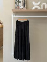 Tiered crinkle satin maxi black skirt
