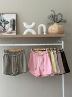 Rope belted high waist linen shorts