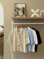 Short sleeve notch lapel linen shirt