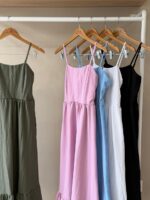 Tiered linen blend spaghetti strap dress - Image 2