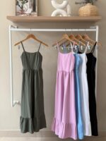 Tiered linen blend spaghetti strap dress