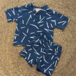 Navy Blue Patterned Shirt and Shorts Set