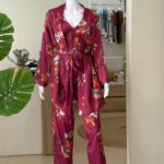 Burgundy 3 pieces satin pajama