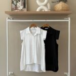 Cap sleeve high-low button down shirt
