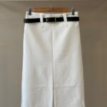 Belted front slit white midi skirt