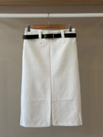 Belted front slit white midi skirt