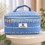 Floral embroidered blue toiletry bag