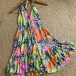 Tropical halter flare mini dress